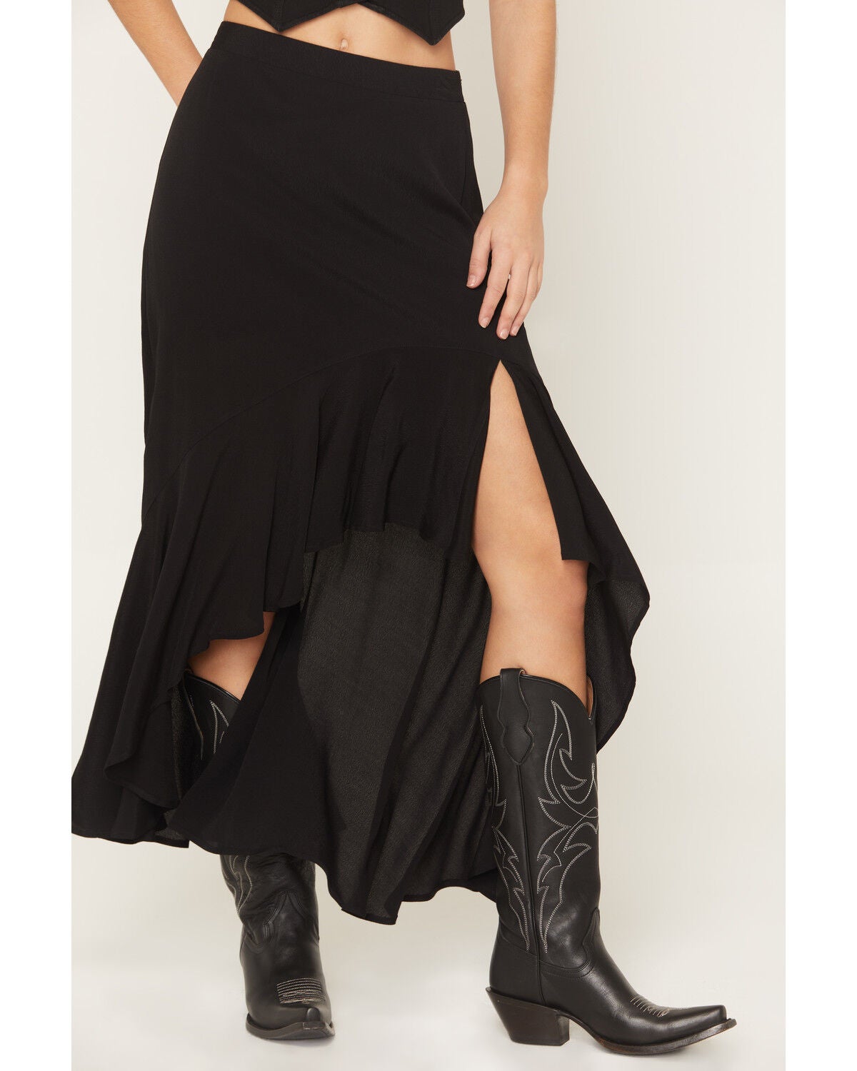 Image #2 - Wild Moss Women's High Slit Ruffle Hem Skirt, Black, hi-res
