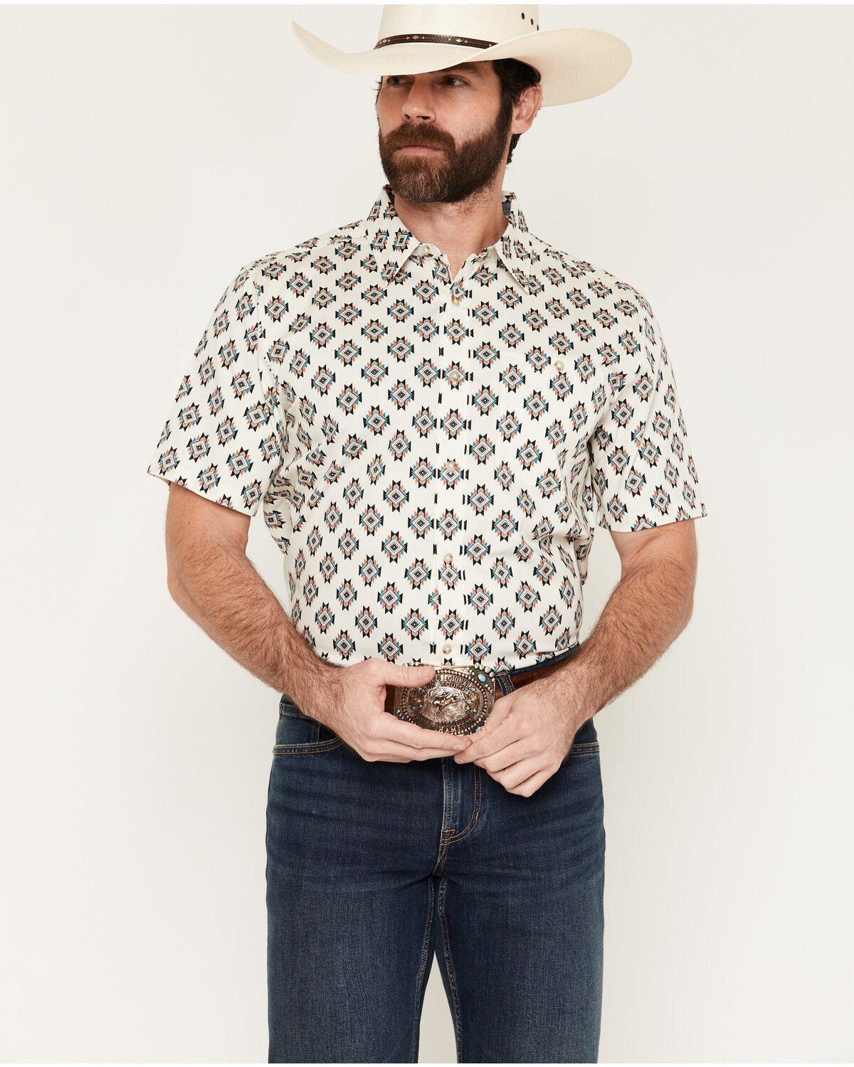 Image #1 - RANK 45&reg; Men's Star Power Geo Print Short Sleeve Button-Down Stretch Western Shirt, Off White, hi-res
