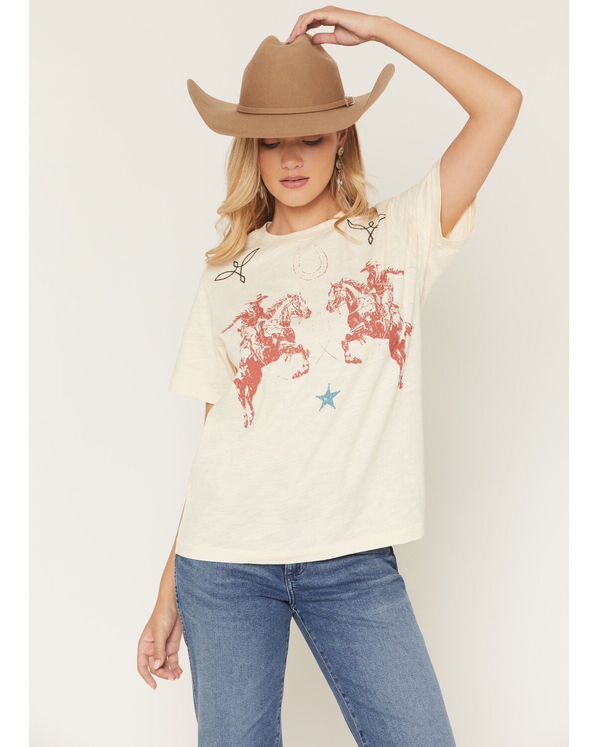 Shyanne Women's Bootstitch Yoke Short Sleeve Graphic Tee, Cream, hi-res