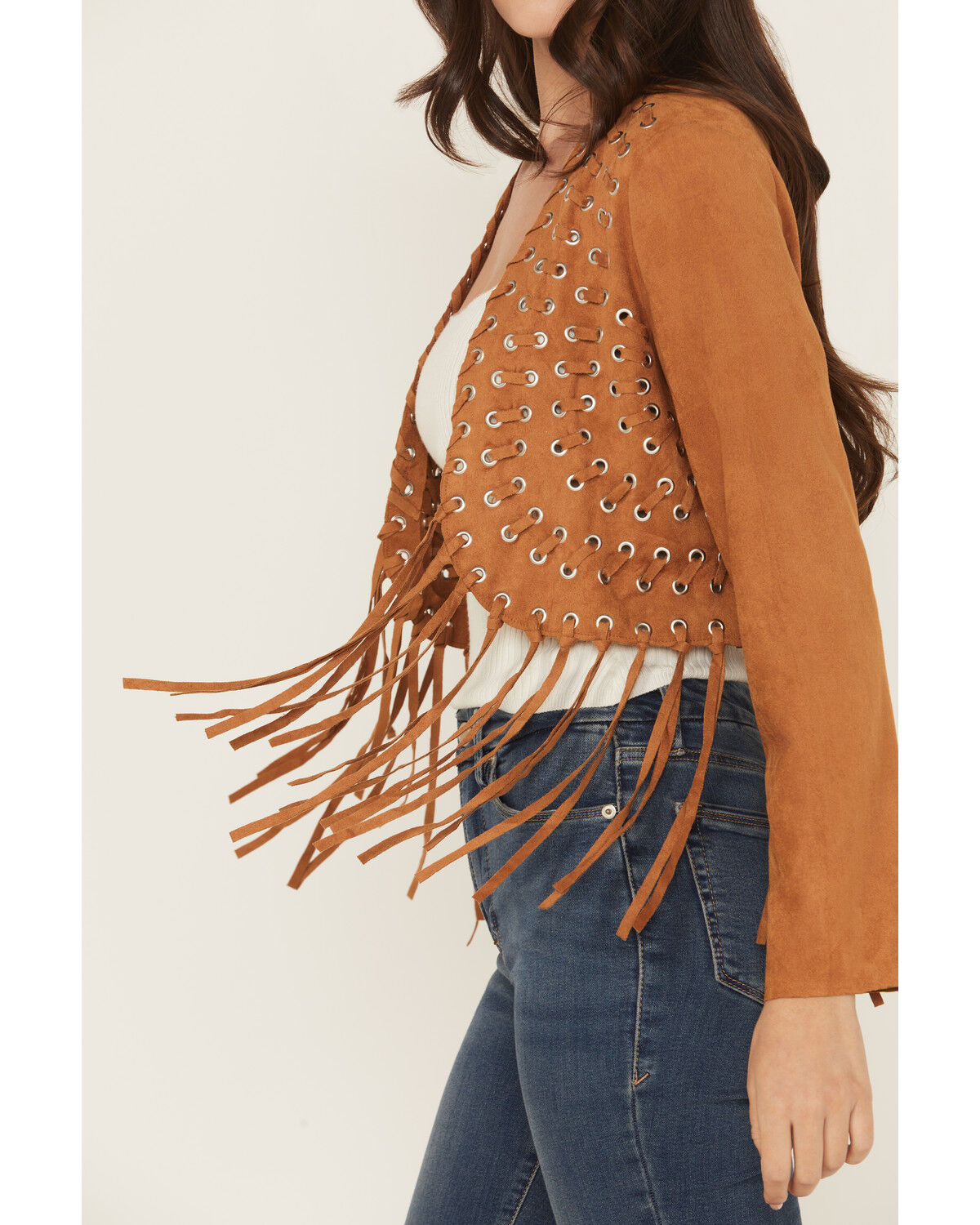 Image #3 - Vocal Women's Fringe Cropped Jacket, Camel, hi-res