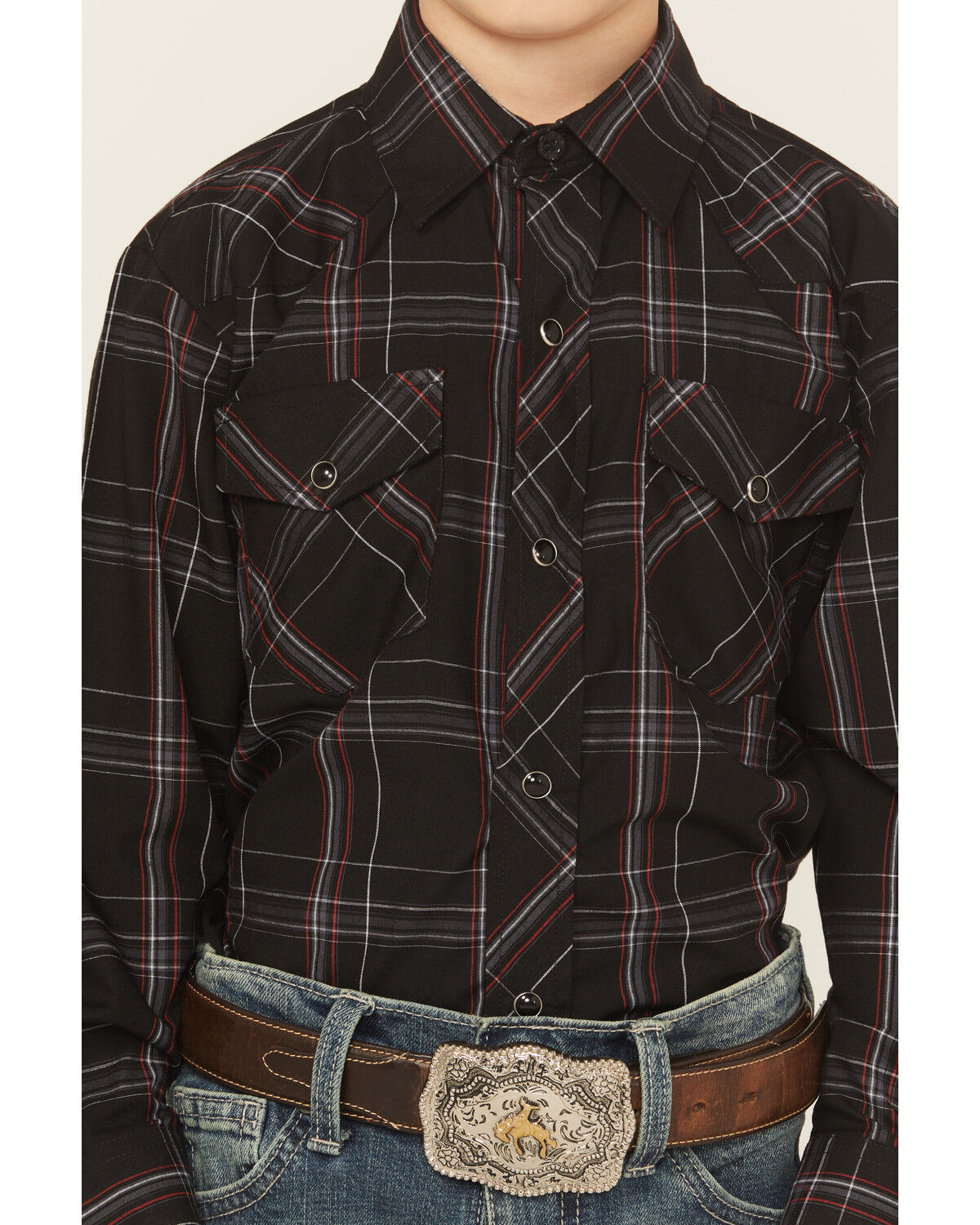 Image #3 - Roper Boys' Plaid Print Long Sleeve Snap Stretch Western Shirt, Black, hi-res