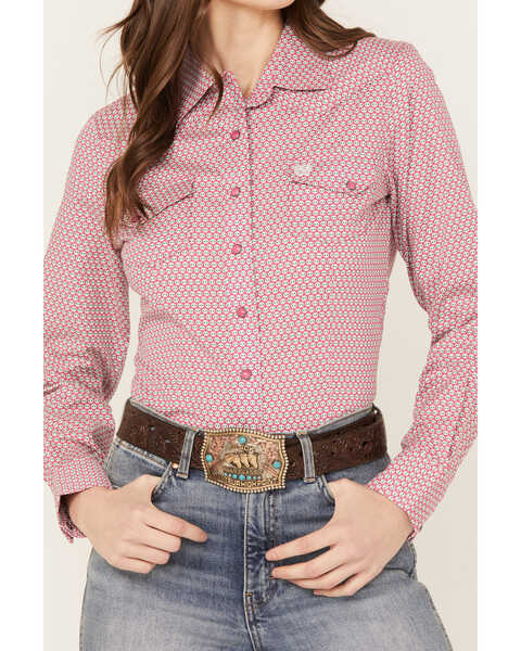 Image #3 - Cinch Women's Geo Print Long Sleeve Western Snap Shirt, Pink, hi-res