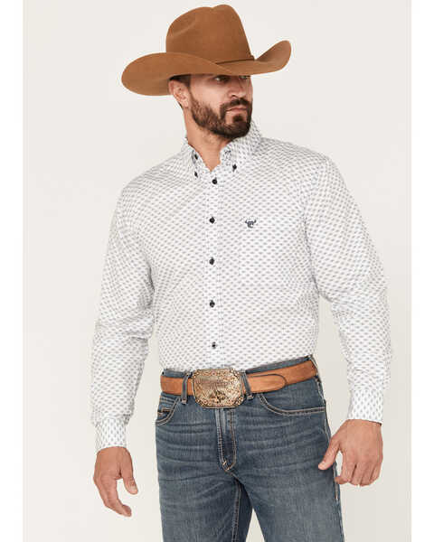 Image #1 - Cowboy Hardware Men's Geo Print Long Sleeve Button Down Shirt, White, hi-res