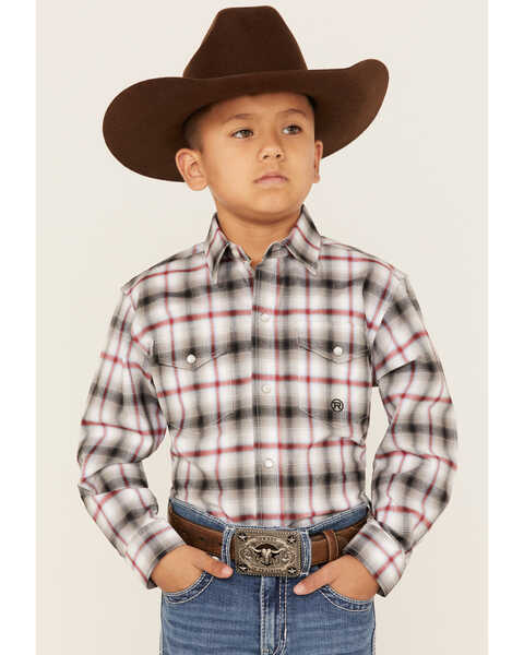 Roper Boys' Amarillo Plaid Print Long Sleeve Western Pearl Snap Shirt, Black, hi-res