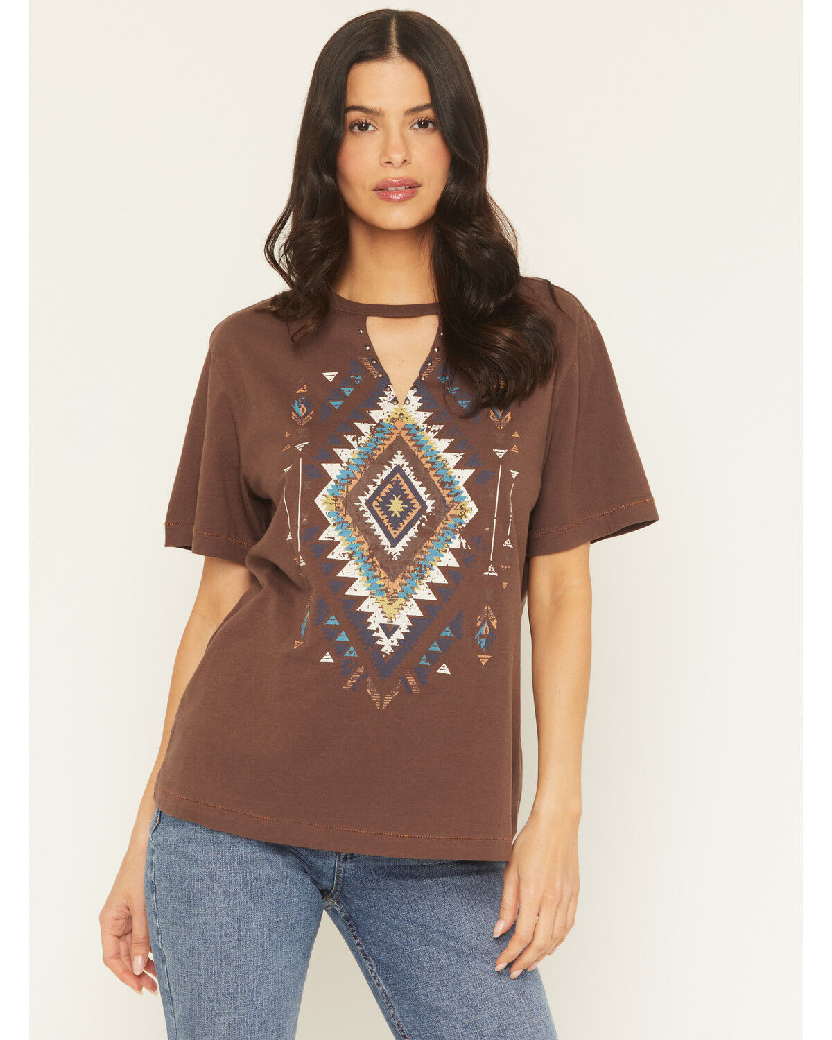 Image #1 - Shyanne Women's Studded Southwestern Print Short Sleeve Graphic Tee, Brown, hi-res