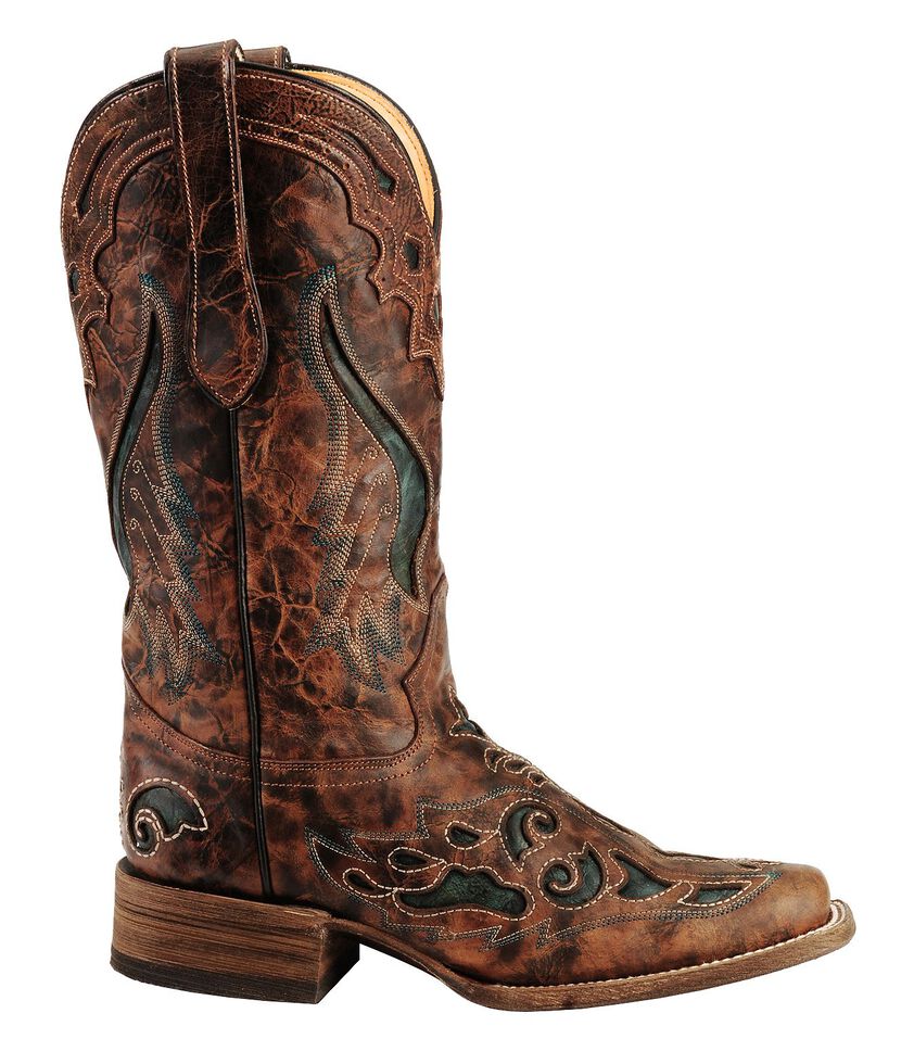 Corral Cognac & Olive Inlay Cowgirl Boots Square Toe Sheplers