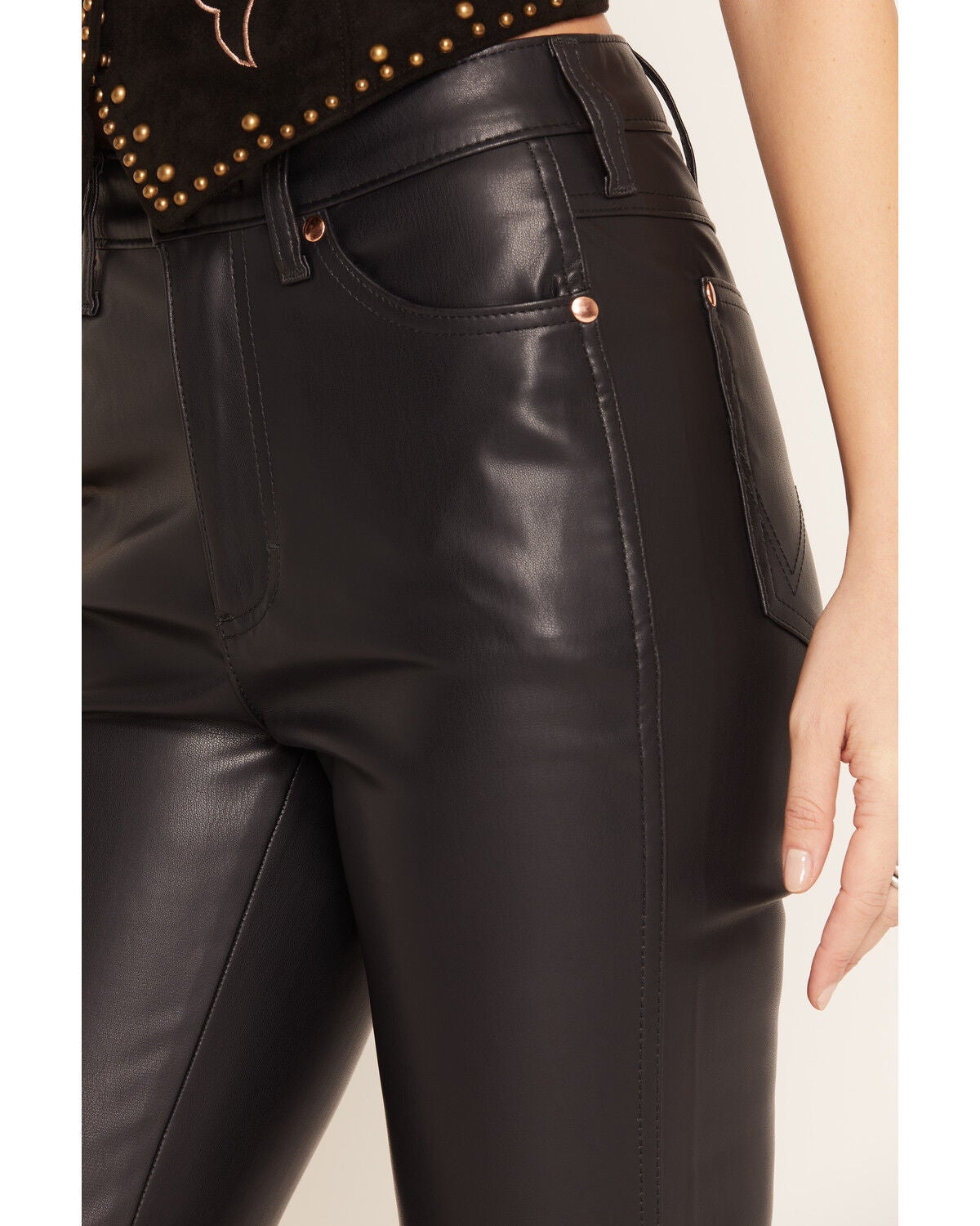 Image #2 - Wrangler X Lainey Wilson Women's Faux Leather High Rise Flare Jeans, Black, hi-res