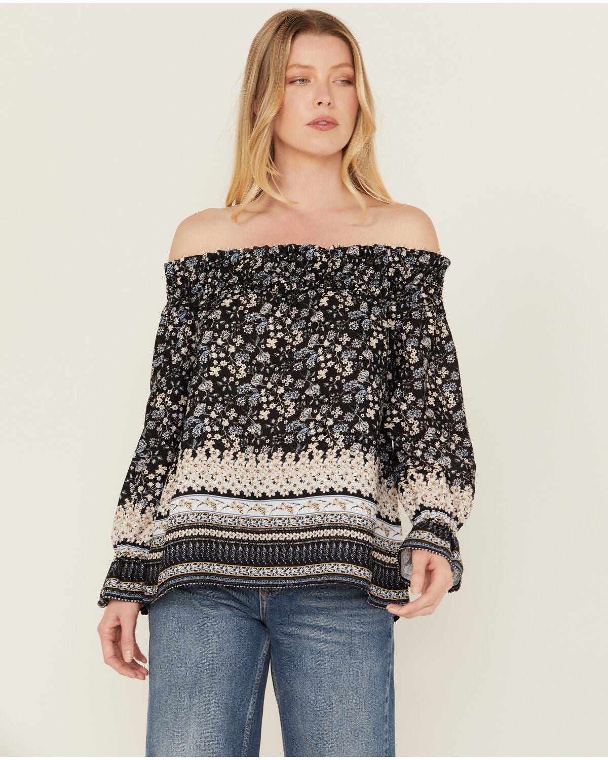 Wild Moss Women's Border Off The Shoulder Top, Blue, hi-res