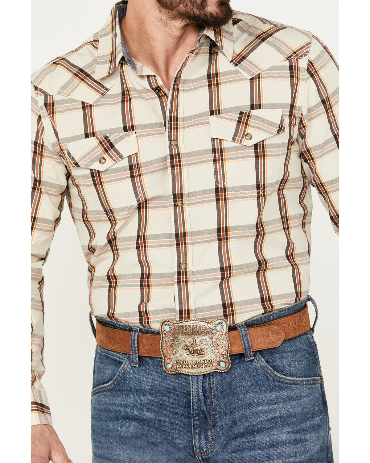 Image #3 - Cody James Men's Sundowner Plaid Print Long Sleeve Western Snap Shirt, Oatmeal, hi-res