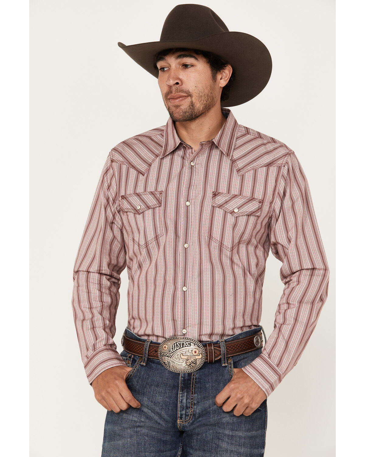 Image #1 - Moonshine Spirit Men's Red Canyon Striped Long Sleeve Pearl Snap Western Shirt, Burgundy, hi-res