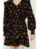 Angie Women's Floral Print Long Sleeve Black Smocked Waist Mini Dress, Black, hi-res