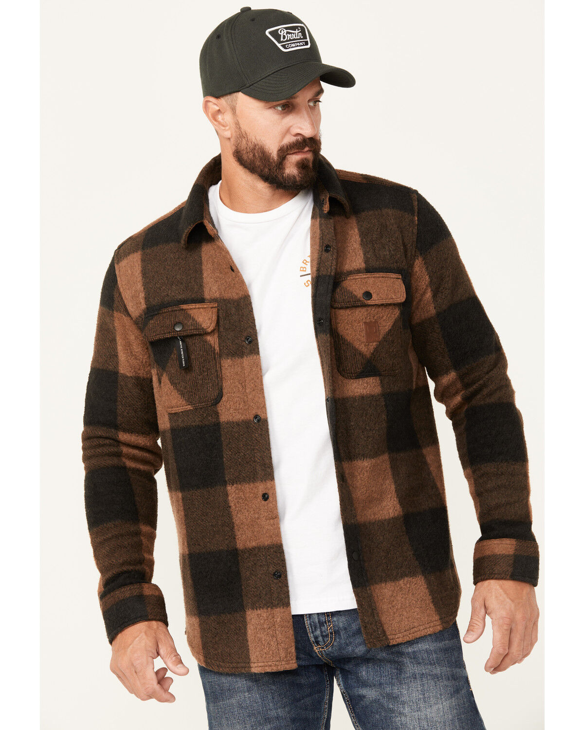 Image #1 - Brixton Men's Bowery Arctic Plaid Print Long Sleeve Snap Stretch Flannel Shirt, Brown, hi-res