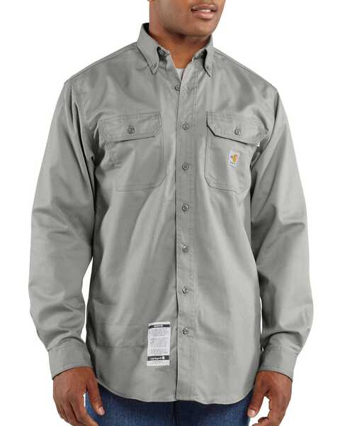 Carhartt Men's Solid FR Long Sleeve Button Down Work Shirt - Big & Tall, Grey, hi-res