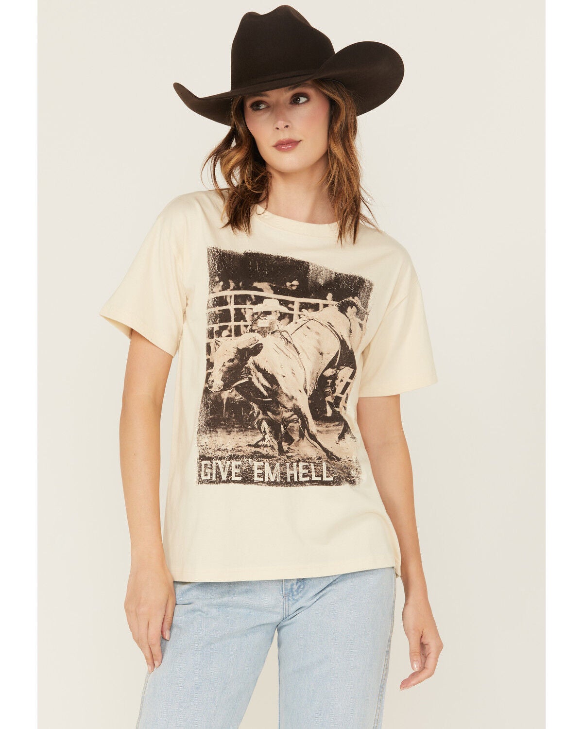 Image #1 - Shyanne Women's Give 'Em Hell Short Sleeve Boyfriend Graphic Tee, Natural, hi-res