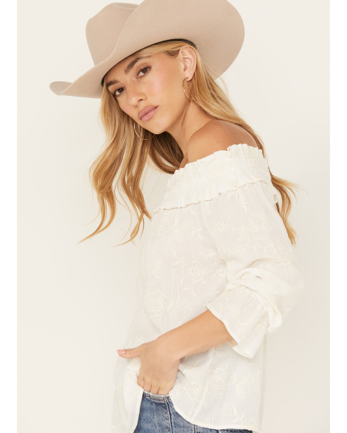 Image #2 - Wild Moss Women's Embroidered Floral Off The Shoulder Long Sleeve Top, Ivory, hi-res