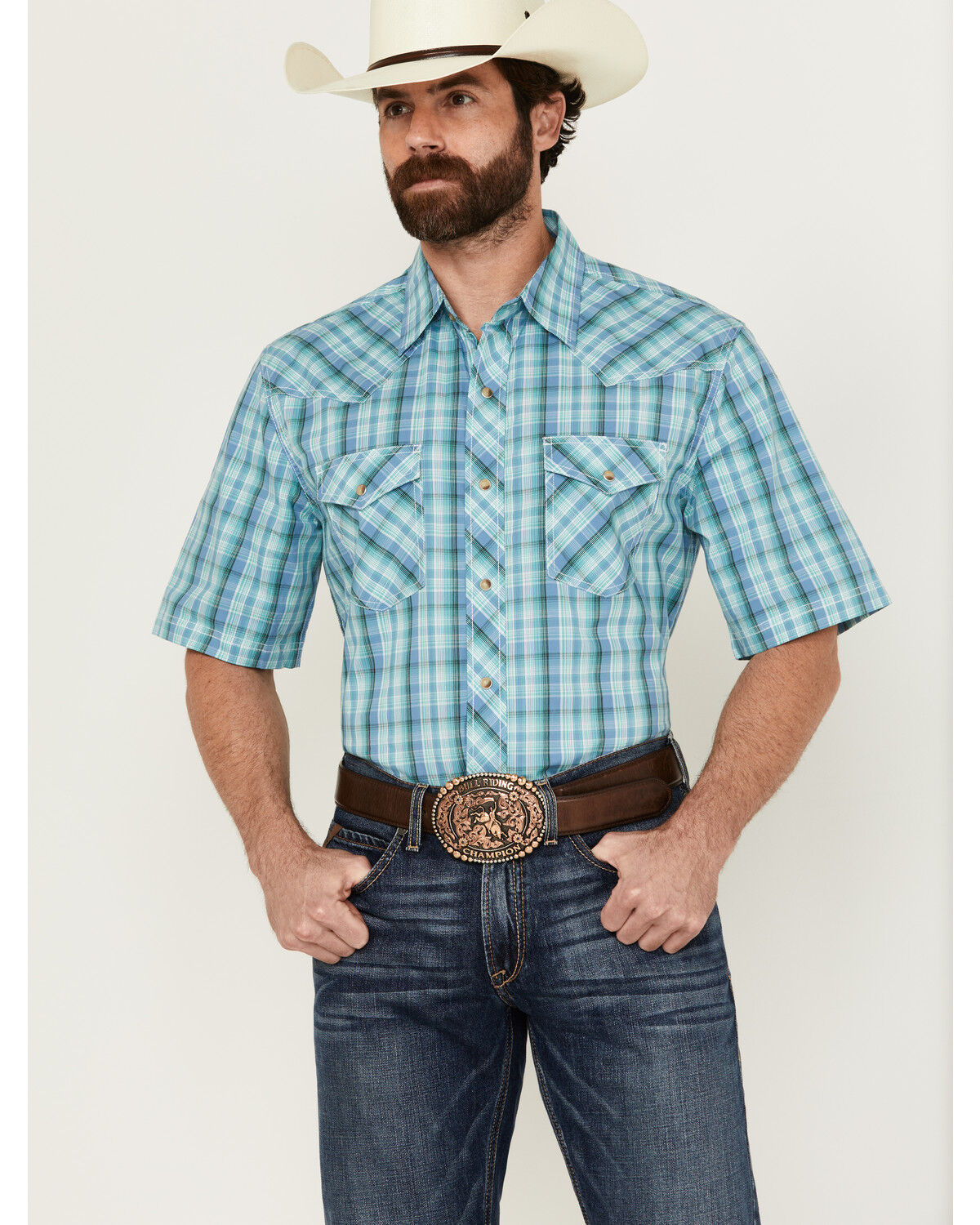 Image #1 - Wrangler 20X Men's Plaid Print Short Sleeve Snap Stretch Western Shirt, Blue, hi-res
