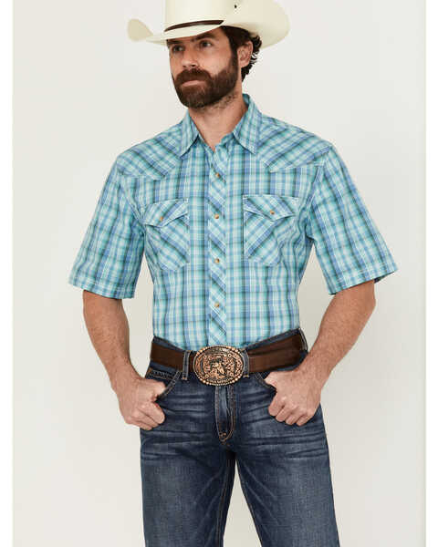 Wrangler 20X Men's Plaid Print Short Sleeve Snap Stretch Western Shirt , Blue, hi-res