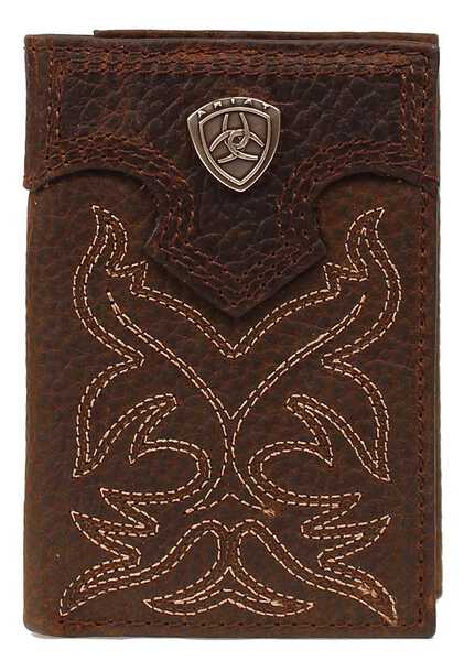 Ariat Men's Boot Stitched Tri-fold Wallet, Brown, hi-res