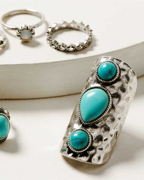 Image #2 - Shyanne Women's Turquoise Oversized Linear 5 Piece Stone Ring Set , Silver, hi-res