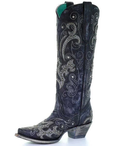 Image #2 - Corral Women's Tall Studded Overlay & Crystals Western Boots - Snip Toe, Black, hi-res