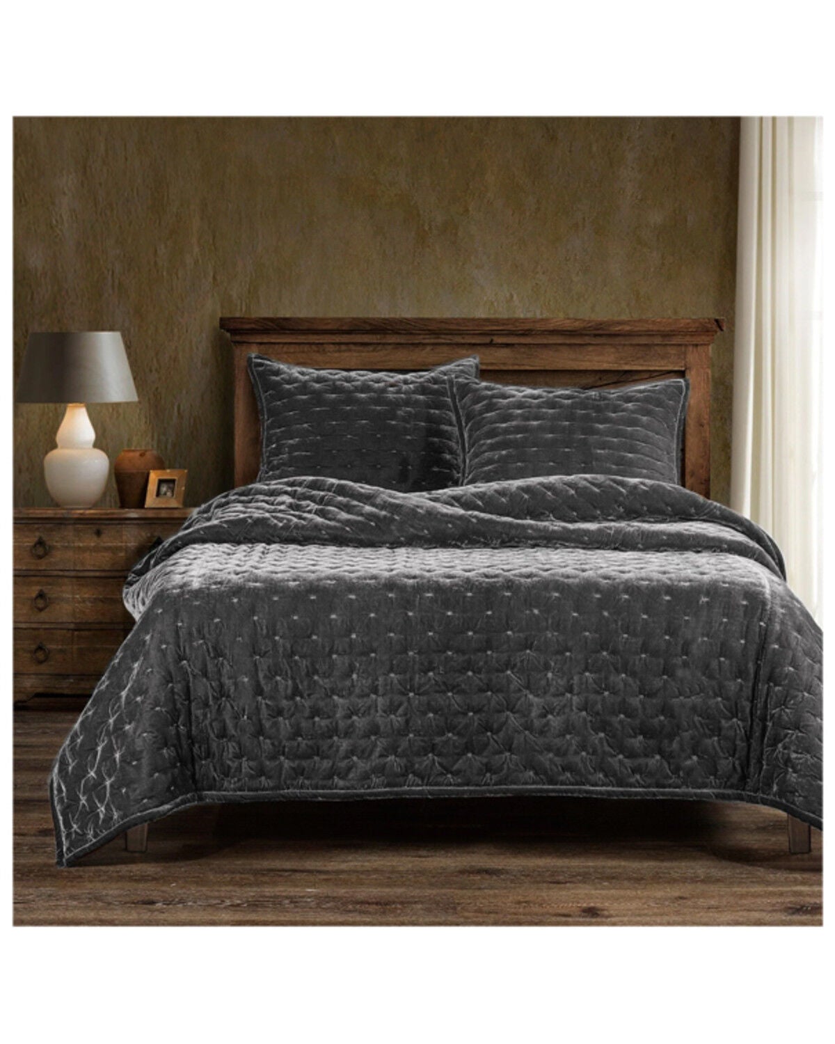 HiEnd Accents Slate Stella Faux Silk Velvet 3-Piece Queen Quilt Set, Slate, hi-res