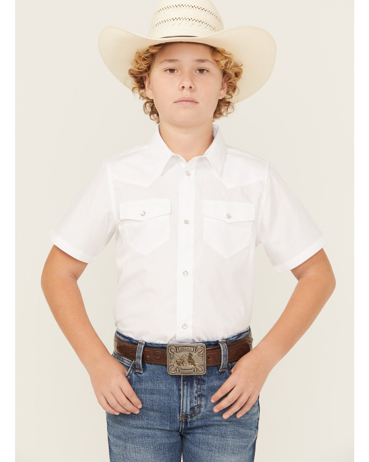 Image #1 - Gibson Trading Co Boys' Solid Short Sleeve Pearl Snap Western Shirt, White, hi-res