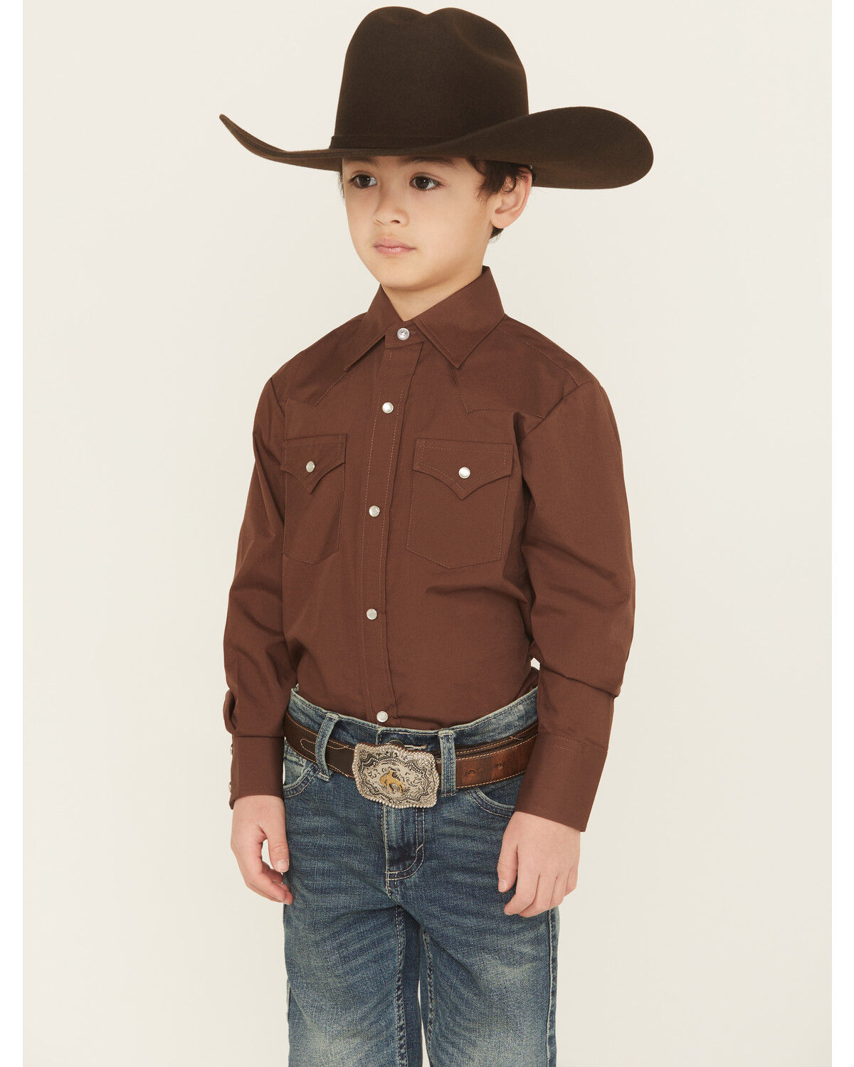 Image #1 - Ely Walker Boys' Solid Long Sleeve Pearl Snap Western Shirt, Chocolate, hi-res