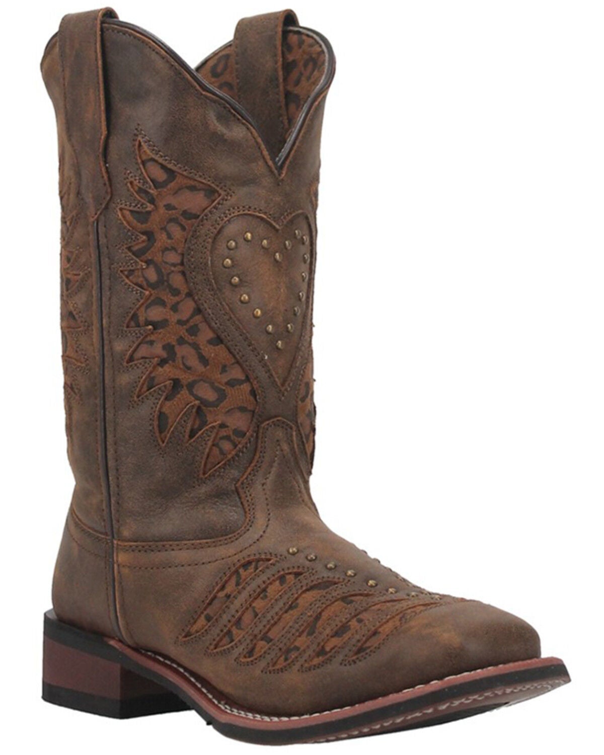 Laredo Women's Stella Leopard Print Inlay Studded Western Performance Boots - Square Toe, Brown, hi-res