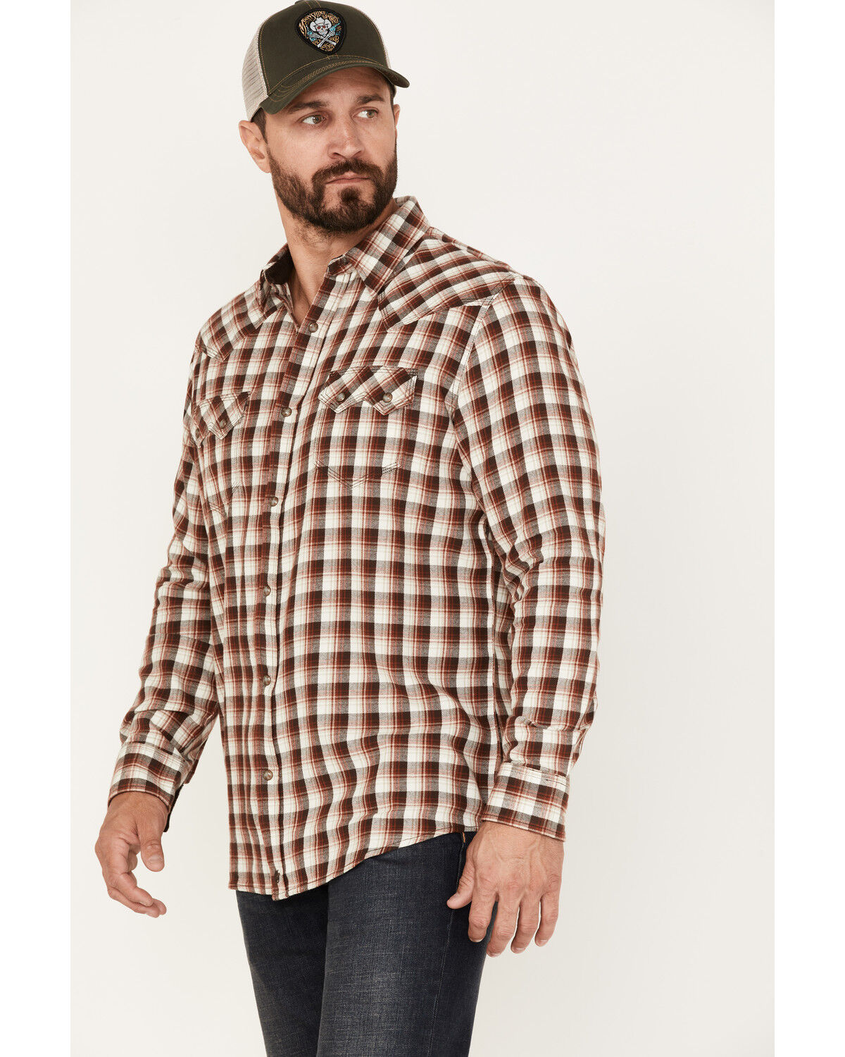 Image #3 - Moonshine Spirit Men's Dirt Runner Plaid Print Snap Western Flannel Shirt, Cream, hi-res