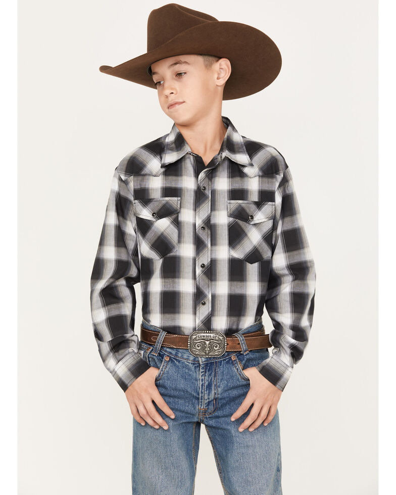 Roper Boys' Plaid Print Long Sleeve Snap Western Shirt, Black, hi-res