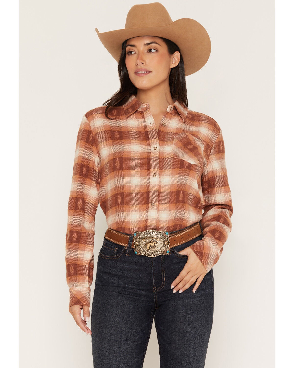 Image #1 - Shyanne Women's Vistas Plaid Print Long Sleeve Button-Down Flannel Shirt, Bark, hi-res