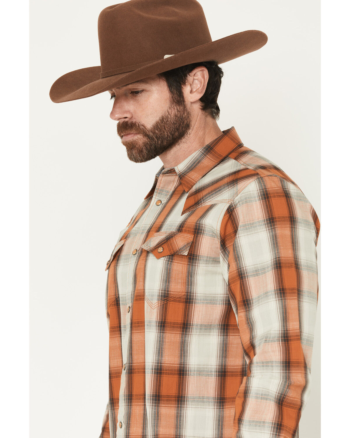 Image #2 - Moonshine Spirit Men's Rusty Nail Plaid Print Long Sleeve Snap Western Shirt, Rust Copper, hi-res