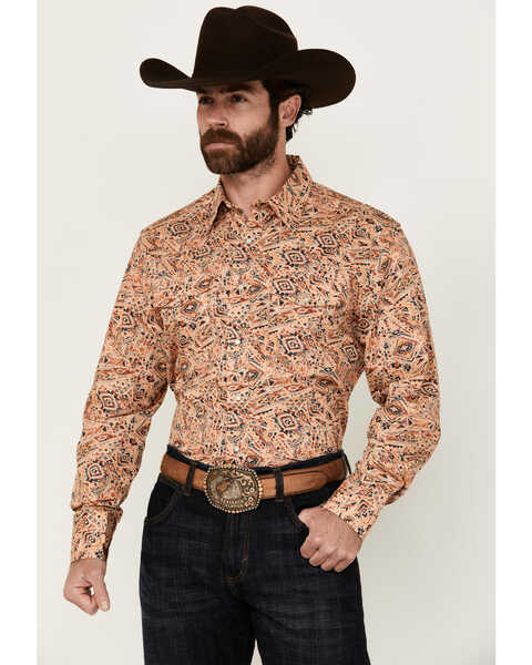 Wrangler Men's Checotah Print Long Sleeve Snap Western Shirt , Tan, hi-res
