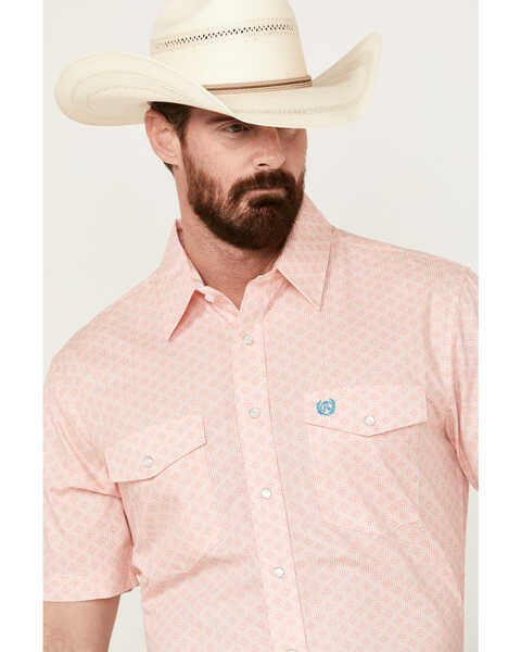 Image #2 - Panhandle Men's Geo Print Short Sleeve Pearl Snap Western Shirt , Coral, hi-res