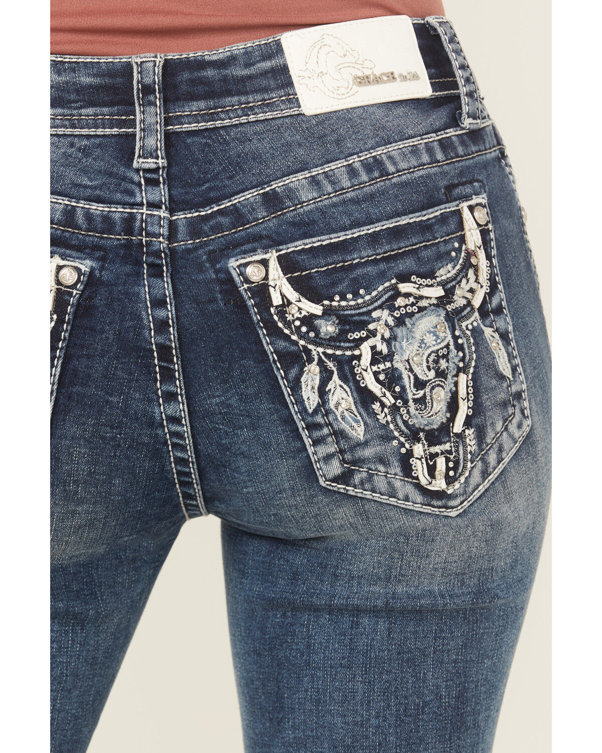 Image #2 - Grace In LA Women's Medium Wash Mid Rise Embroidered Bootcut Stretch Denim Jeans, Medium Wash, hi-res