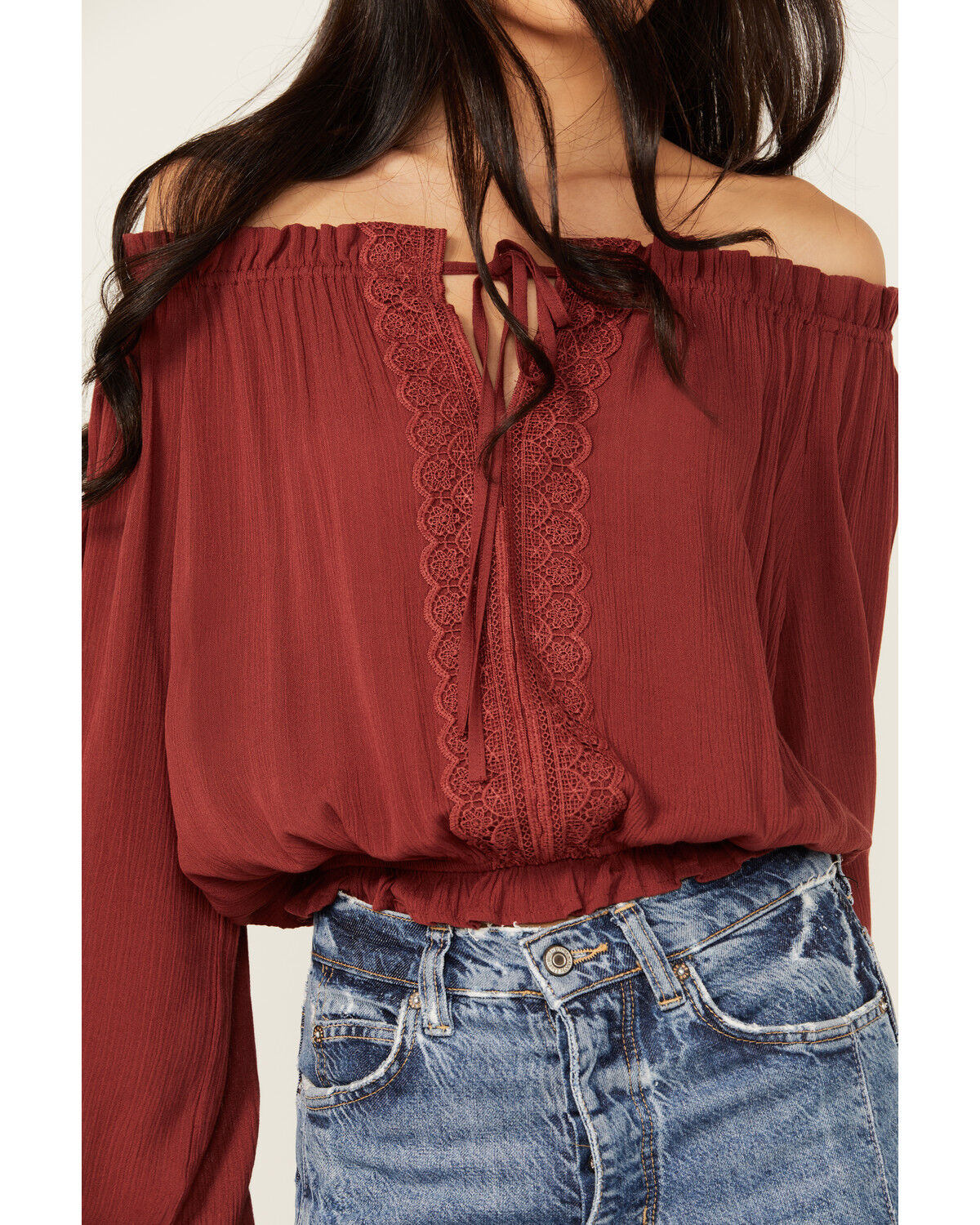 Image #3 - Tempted Women's Crochet Long Sleeve Top, Wine, hi-res
