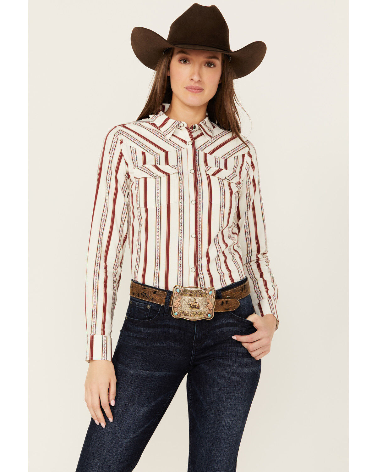 Image #1 - Shyanne Women's Rocksprings Striped Long Sleeve Snap Western Shirt, Brick Red, hi-res