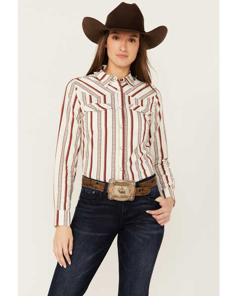 Shyanne Women's Rocksprings Striped Long Sleeve Snap Western Shirt , Brick Red, hi-res