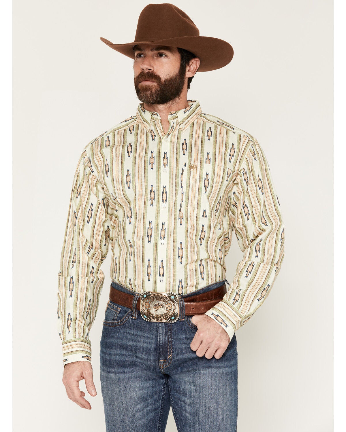 Ariat Men's Stephon Southwestern Striped Long Sleeve Button-Down Western Shirt, Cream, hi-res