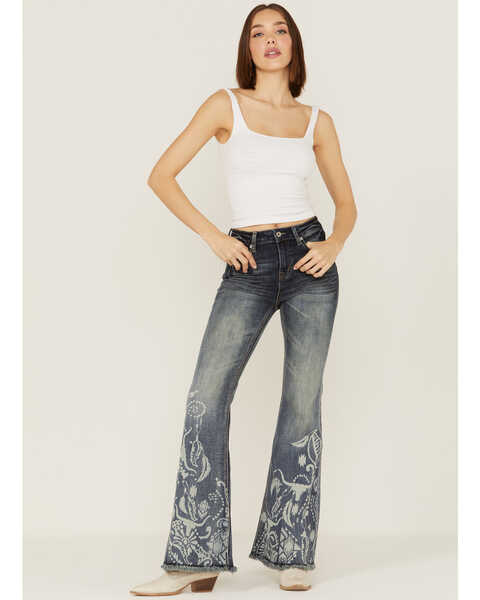 Grace in LA Women's Steerhead Laser Print Southwestern Flare Jeans, Blue, hi-res