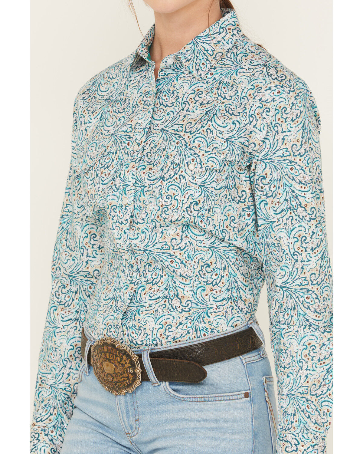 Image #3 - Rough Stock by Panhandle Women's Paisley Print Long Sleeve Pearl Snap Stretch Western Shirt, Turquoise, hi-res