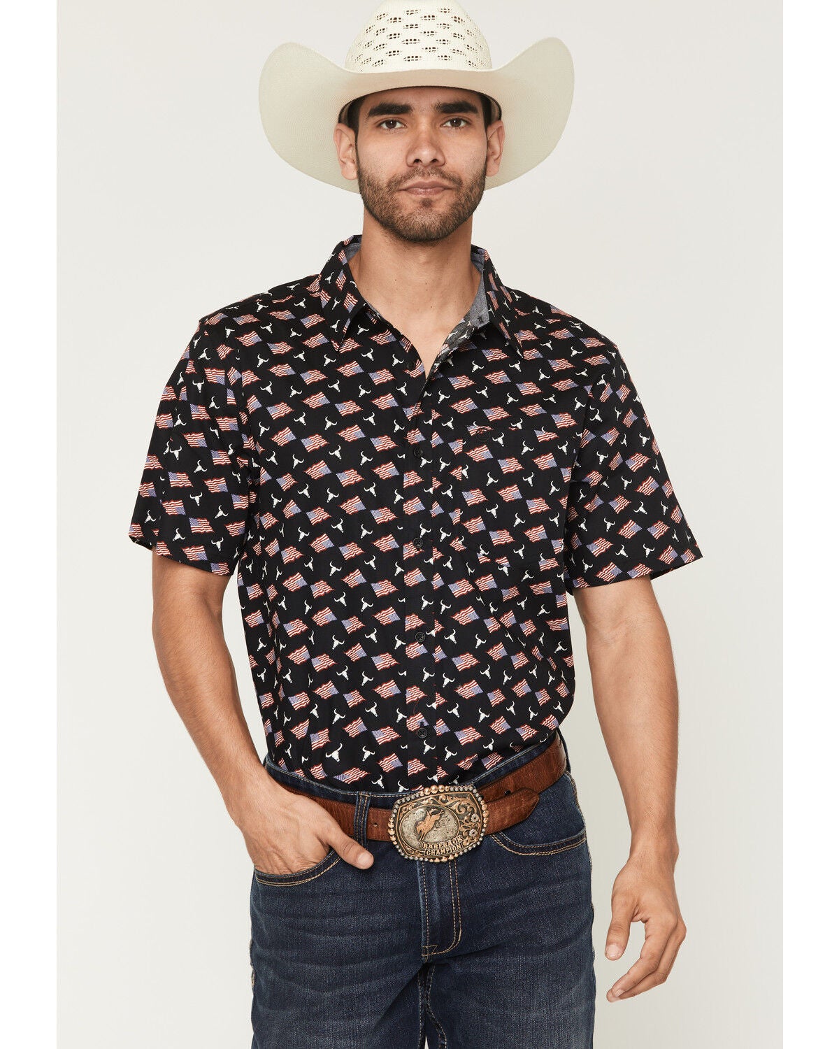 Cody James Men's Stars & Flags Short Sleeve Button-Down Stretch Western Shirt, Black, hi-res