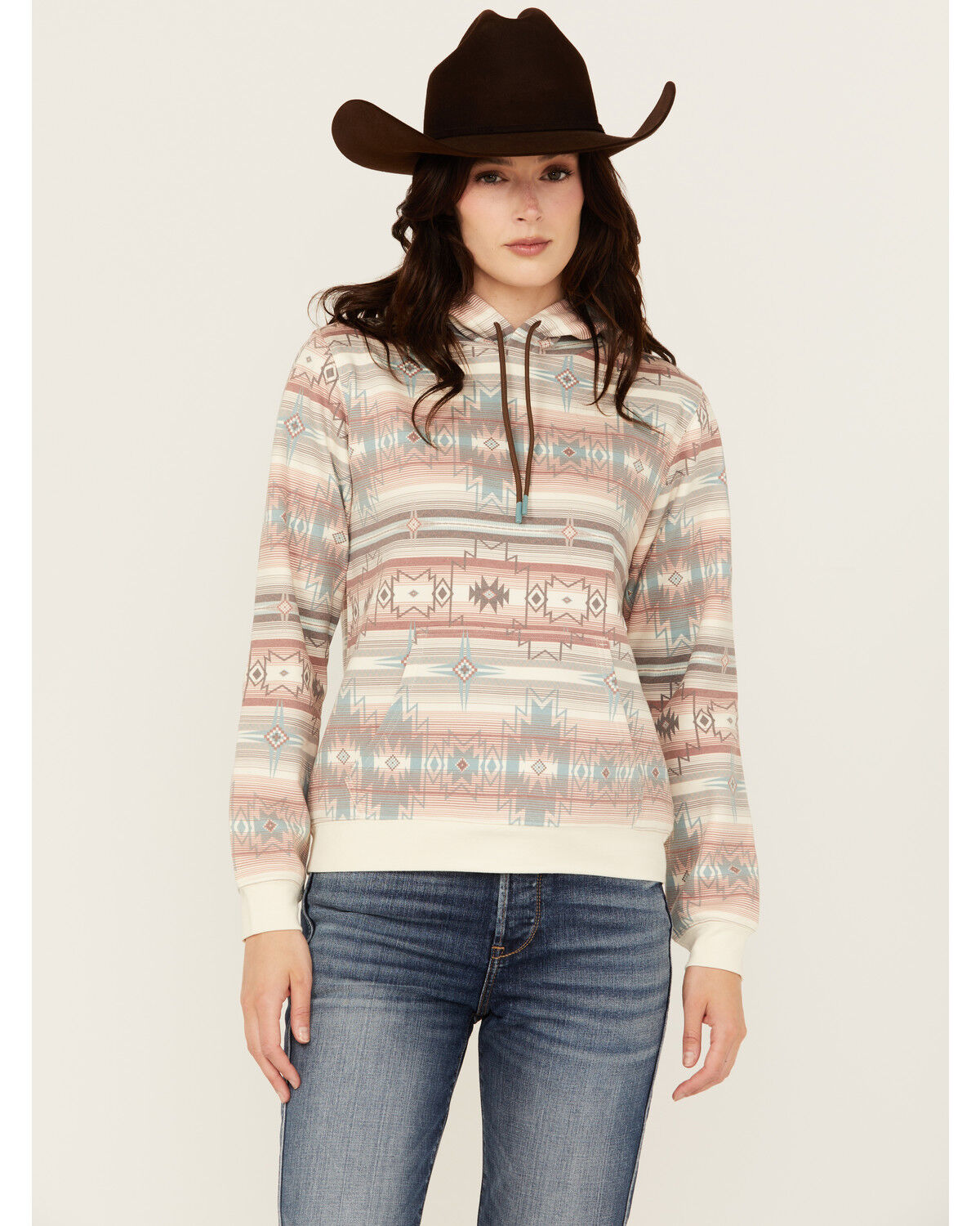 Image #1 - Shyanne Women's Southwestern Striped Print Fleece Hoodie, Caramel, hi-res