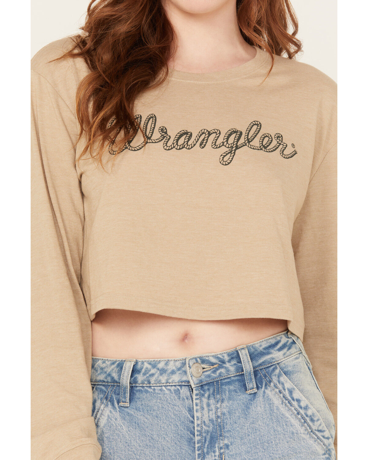 Image #3 - Wrangler Women's Logo Long Sleeve Graphic Cropped Tee, Oatmeal, hi-res