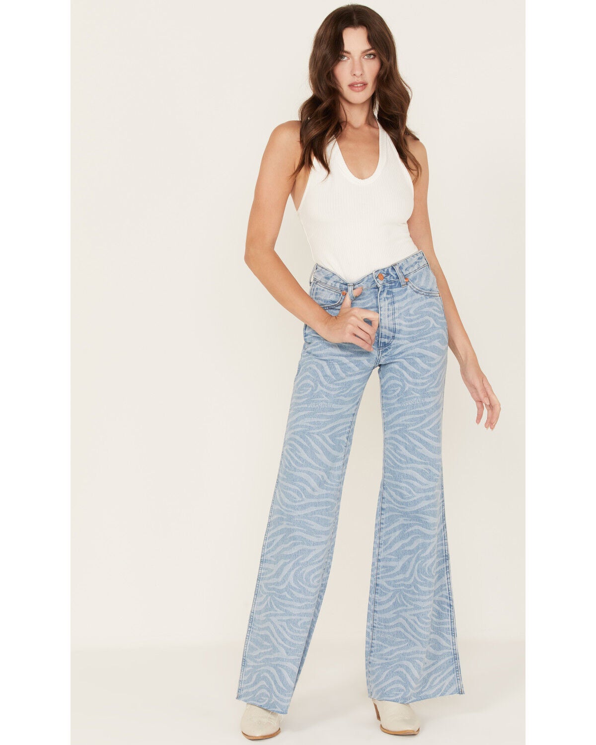 Wrangler Women's Meow Laser Tiger Print Wanderer Flare Jeans, Blue, hi-res