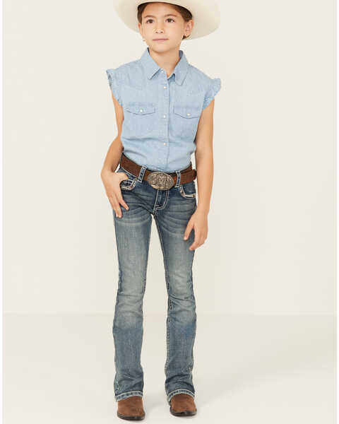 Image #1 - Shyanne Little Girls' Cowhide Steer Head Light Wash Faded Stretch Bootcut Jeans , Light Wash, hi-res