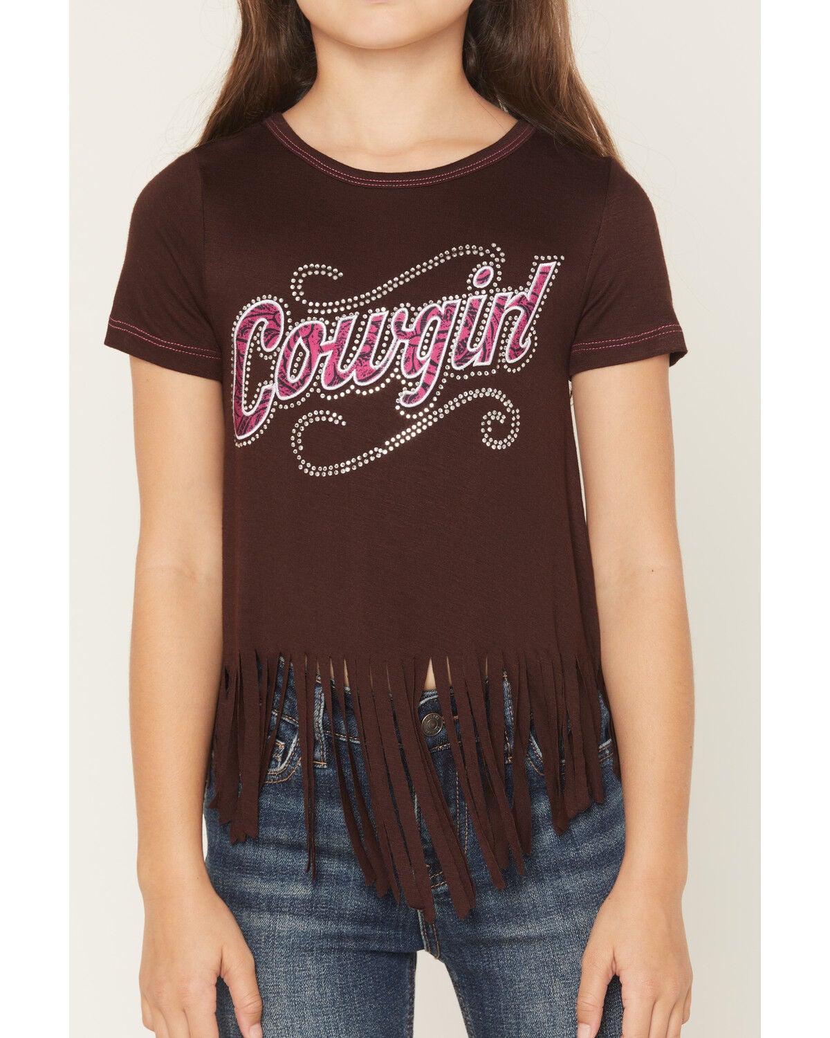 Image #3 - Cowgirl Hardware Girls' Cowgirl Fringe Short Sleeve Tee, Brown, hi-res
