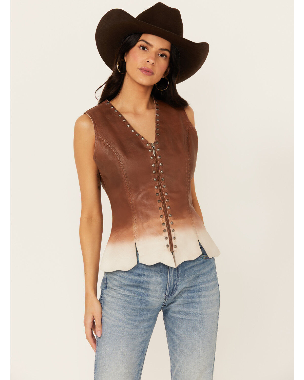 Image #1 - Cripple Creek Women's Ombre Zip Front Studded Leather Vest, Brown, hi-res