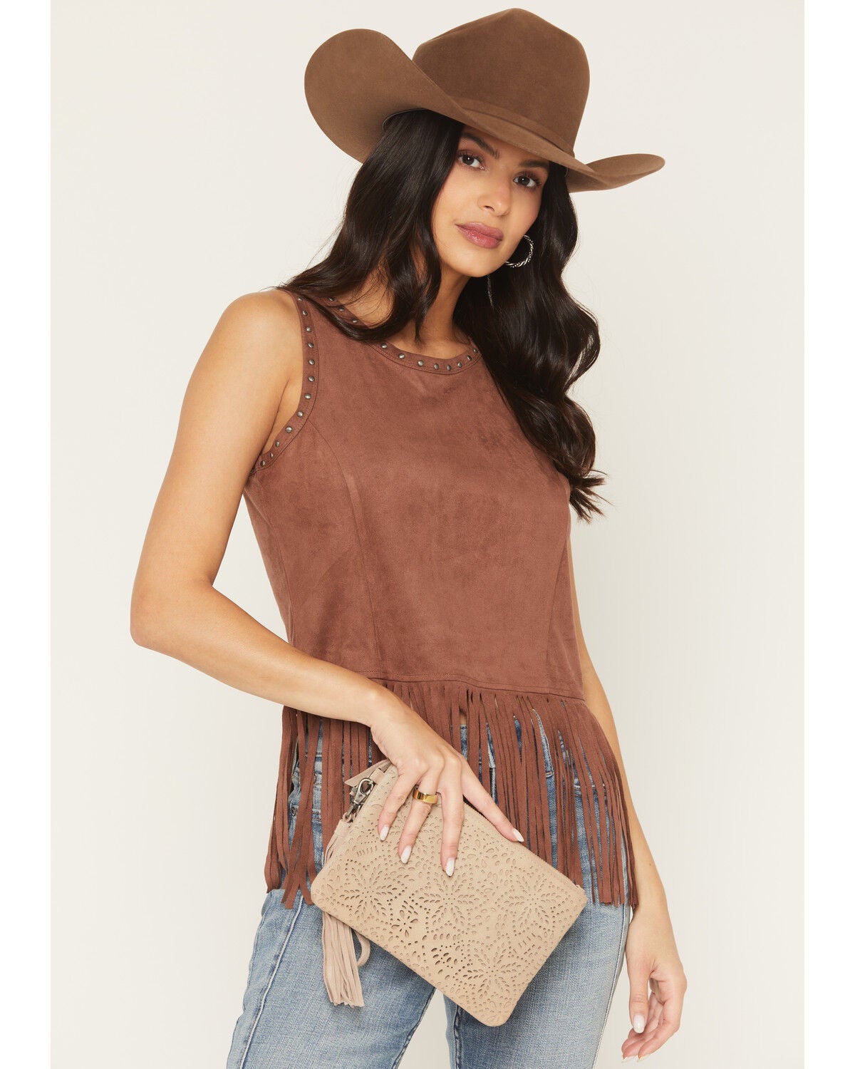 Shyanne Women's Avenly Floral Perforated Suede Wristlet Clutch, Tan, hi-res