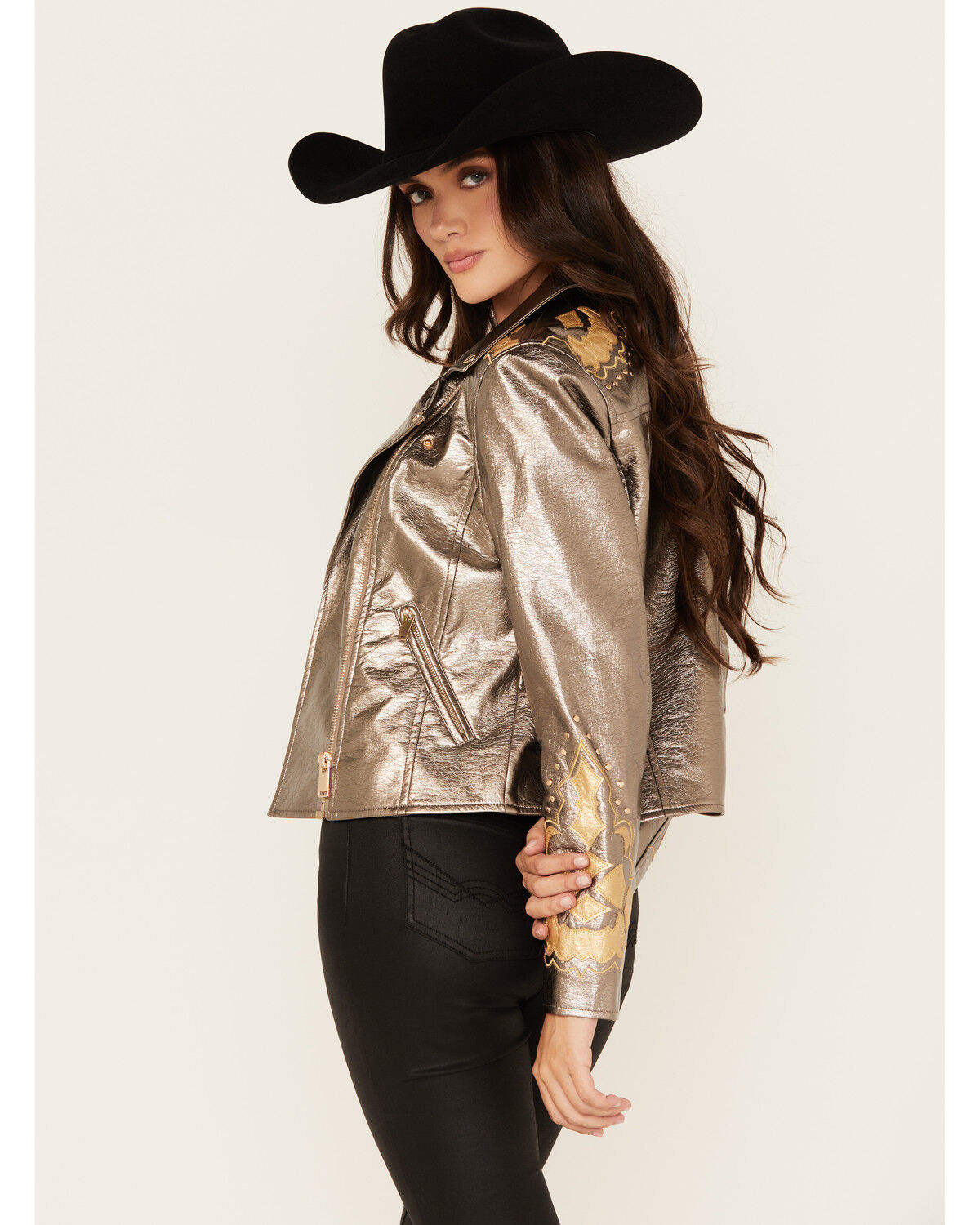 Image #2 - Stoosh Women's Metallic Faux Leather Moto Jacket, Silver, hi-res